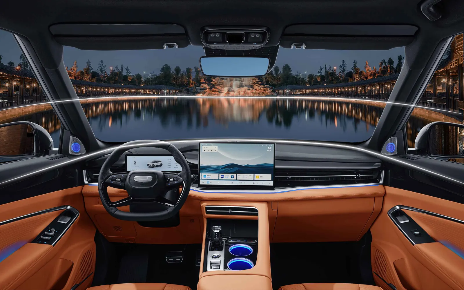 Geely Boyue – салон, рыжая отделка