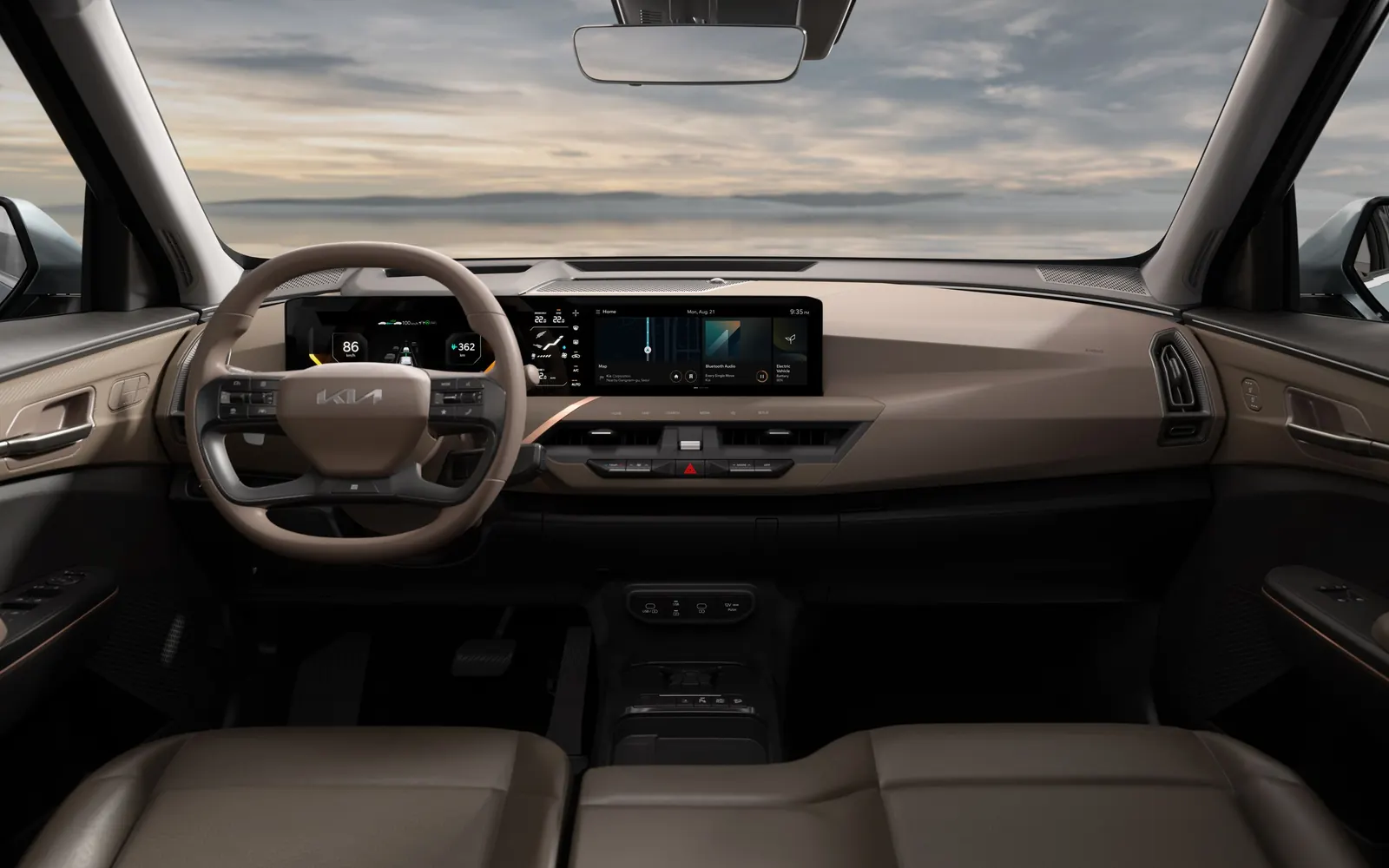 Kia EV5 Light – салон, место водителя и экраны